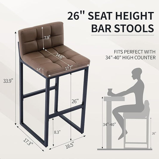 Bar Stools Set of 3, Upholstered PU Leather Counter Height Barstools with Low Back and Thickened Metal Legs, Modern Chairs for Kitchen Island, Bar, Counter (Coffee Brown, 3Pcs 26" Bar Stools)