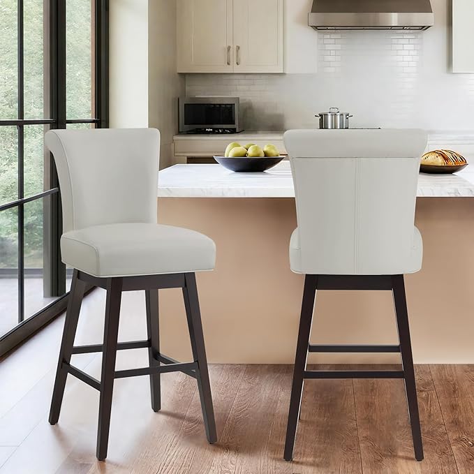 CHITA 30 Inch Counter Height Swivel Bar Stools Set of 2, FSC Certified Modern Upholstered Faux Leather Swivel Barstool Chairs with Back, White