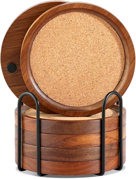 Wood Cork Coasters for Drinks Absorbent with Holder, Large Wooden Coaster for Coffee Table, Cork Coaster for Wooden Table Decor New Home Gifts Mom's Day - Rustic 4.72Inch