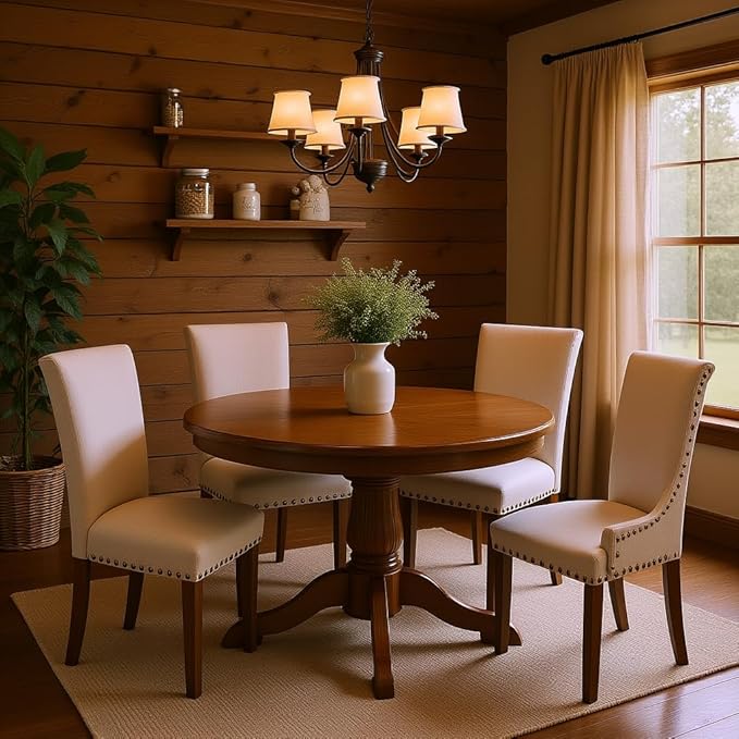 Set of 2 Beige Upholstered Dining Chairs – Farmhouse Kitchen Chairs with High Back, Solid Rubberwood Legs, Padded Foam Seat & Bronze Nailhead Trim, Comfortable Dining Room Chairs for Home, Living Room