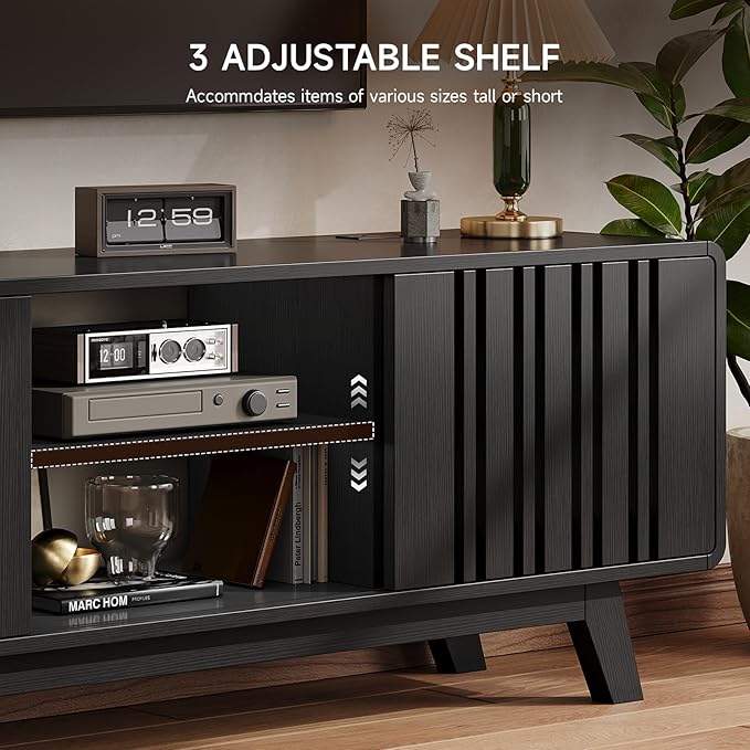 ONBRILL 63-Inch TV Stand for TVs up to 75 Inch, Mid-Century Modern Television Stand with Power Outlet， Entertainment Center with Sliding Grille Door Cabinets and Open Shelves for Living Room, Black