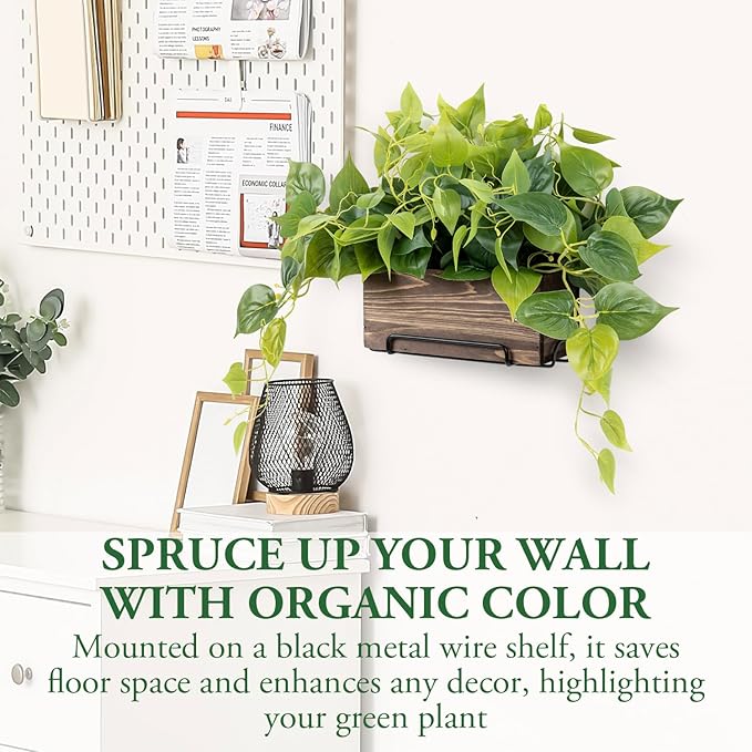 MyGift Vibrant Lifelike Artificial Plant Pothos Leafy Vine Greenery in Burnt Brown Solid Wood Rectangular Planter Box with Black Metal Wire Wall Mounted Shelf