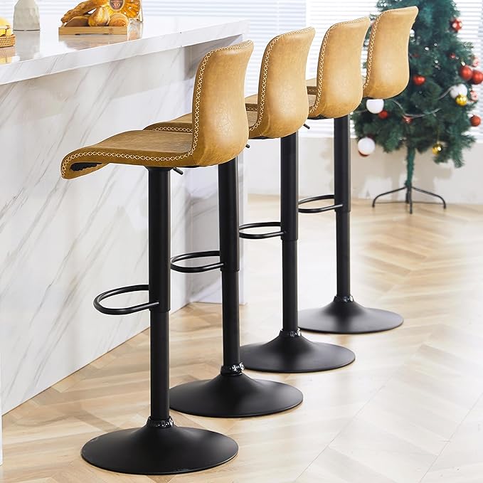 HeuGah Bar Stools Set of 4, Swivel Counter Height Barstools with Back, Adjustable Height 24" to 32", Whiskey Brown Faux Leather Bar Chairs for Kitchen Island (Whiskey Brown, Set of 4 (24'' to 32''))