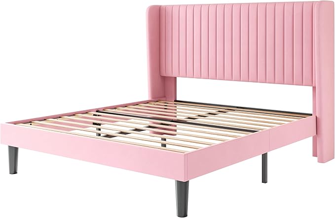 SHA CERLIN Queen Size Velvet Bed Frame with Vertical Channel Tufted Wingback Headboard, Upholstered Platform Bed with Wood Slats, No Box Spring Needed, Easy Assembly, Pink