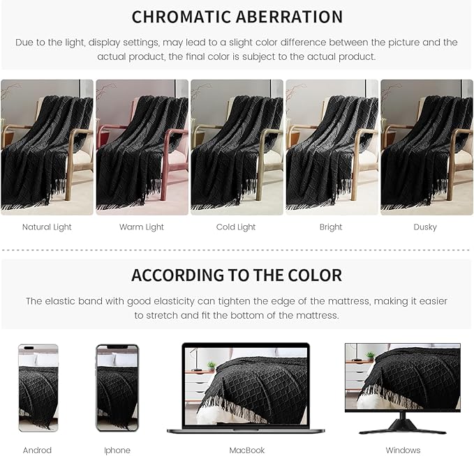 BOURINA Black Throw Blanket 50 x70 Inches Jacquard Argyle Throw Textured Solid Soft Throws and Blankets for Sofa or Bed Knitted Decorative Blanket