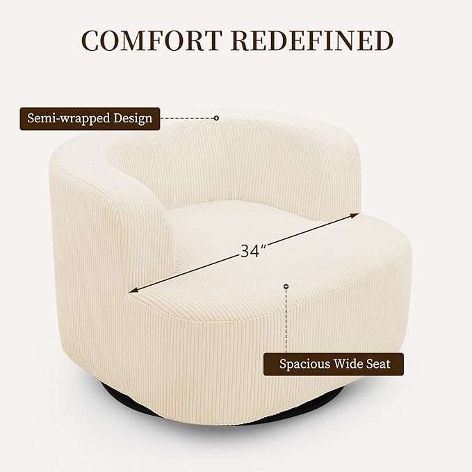 Furnimart 360° Swivel Barrel Accent Chair, Round Upholstered Comfy Lounge Chair, 34“ Corduroy High-Resilienc Foam Single Sofa, No Assembly Wide Seat for Living Room, Bedroom, Apartment (Beige)