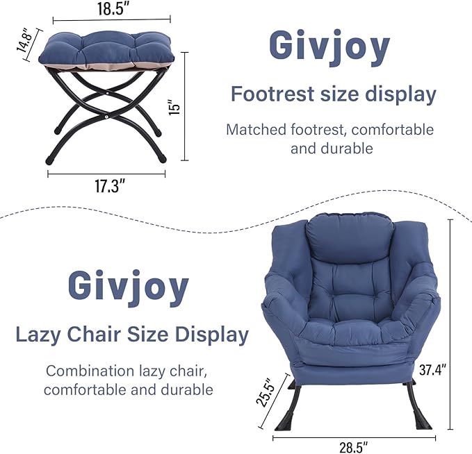 Lazy Chair and Ottoman, Large Accent Lounge Chair with Armrests and a Side Pocket, Modern Leisure Upholstered Sofa Reading Armchair with Footrest for Bedroom, Living Room, Dorm Rooms, Office