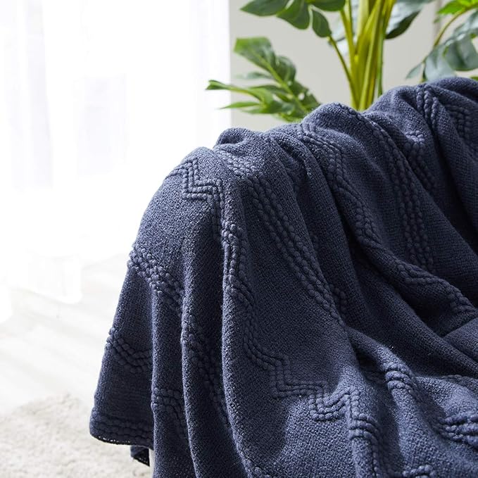 BOURINA Navy Throw Blanket 50 x90 Inches Throw Textured Solid Soft Sofa Throw Bed Runner Couch Cover Knitted Decorative Blanket Bed Runner