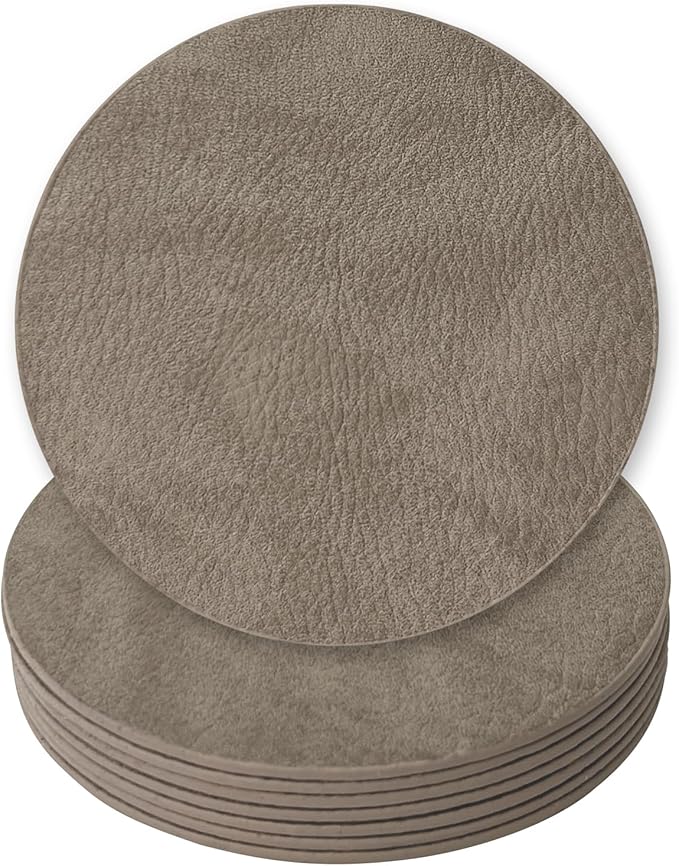 Set of 8 Morgan Faux Leather 4 Inch Round Coasters, Heat & Water Absorbent, Natural Style, Drinks Tabletop Home Dinning, Grey