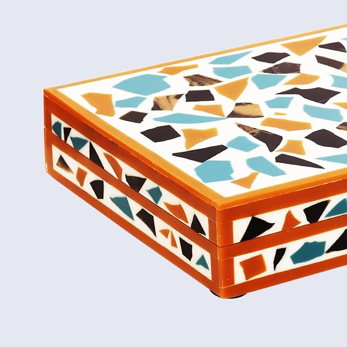 Handicrafts Home Handmade Mosaic Collection Decorative Jewelry Box Organizer – Keepsakes, Trinkets, and Home Decor – Antique Coffee Table Storage, Memory Box, Farmhouse Style Decor Gold, 8x6x1.5