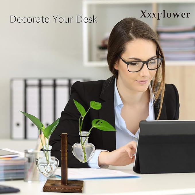 XXXFLOWER Plant Terrarium Wooden Stand, Hydroponic Planter Bulb Glass Metal Swivel Holder Retro Air Plants Water Plants for Home Office Decoration, Plant Lover Gifts - 2 Love Bulb Vase