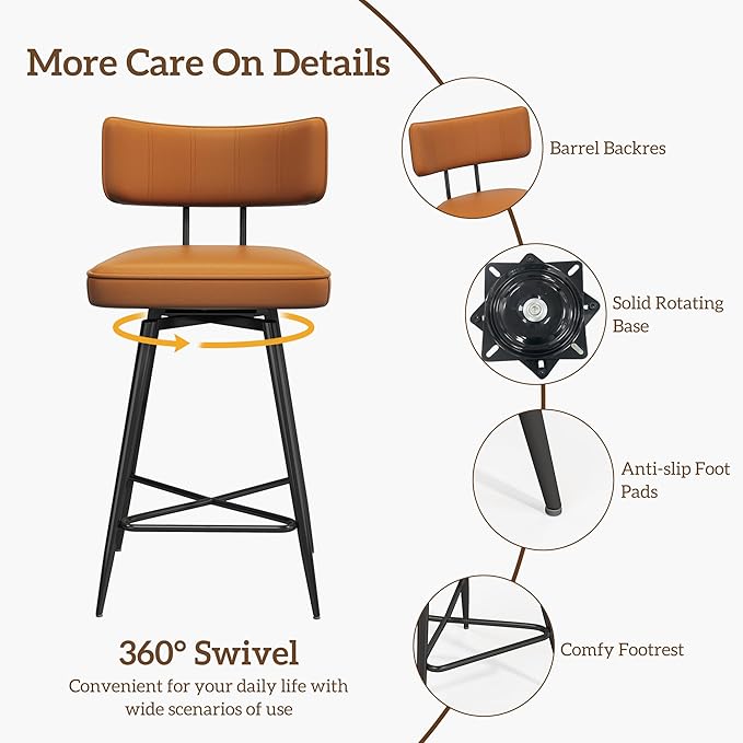 Swivel Counter Height Bar Stools Set of 2, 26" Leather Kitchen Swivel Counter Stools with Backs, Metal Legs and Footrest, Bar Chairs for Kitchen Island, Brown