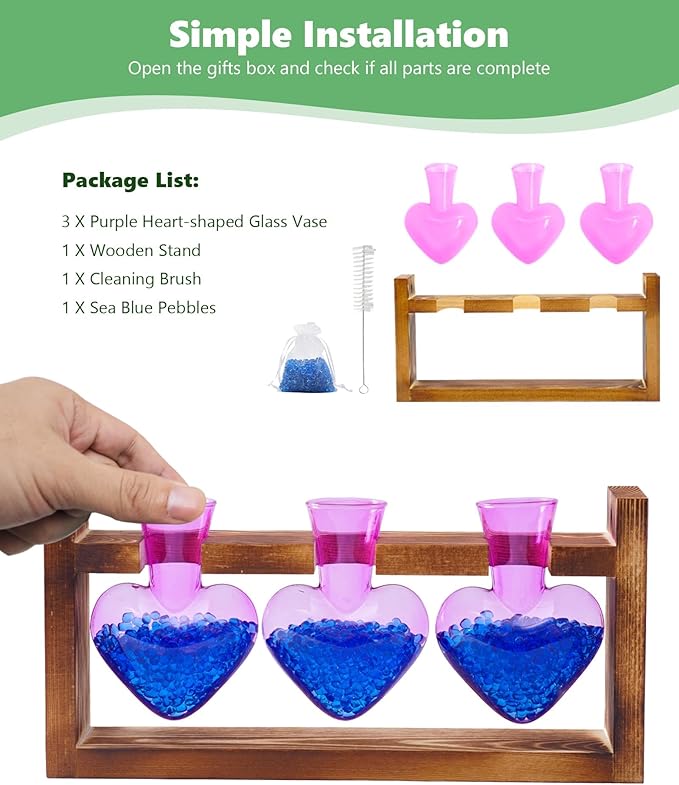 Nacome Plant Terrarium for Office Decor: Birthday Gifts for Plant Lovers Women Mom Wife - Wooden Stand Tabletop Planter 3 Bulb Glass Vase Heart Shaped for Hydroponics Indoor Home(Purple)