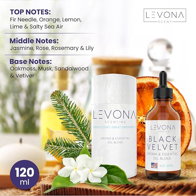 Levona Scents Oil Diffuser Essential Oils: Fragrance Oil for Diffuser - Black Velvette Diffuser Oils Scents - Woody Citrus with Herbal Floral Essential Oil Blends, Oakmoss, White Musk & Sandalwood