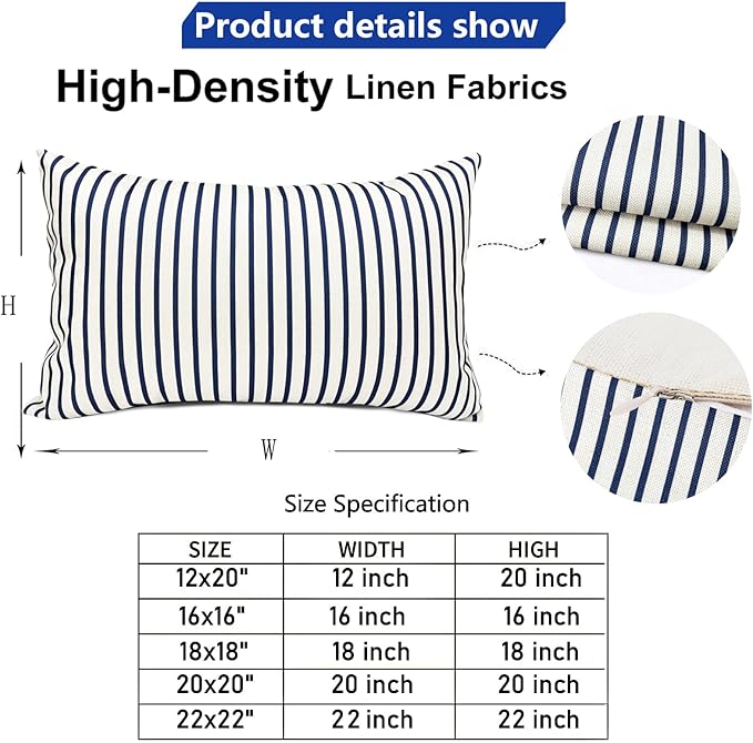 Decorative Throw Pillow Covers Set of 2 Blue Striped Pillow Covers 12x20 Inch Throw Pillow Cover Linen Pillowcase Modern Farmhouse Outdoor Pillow Covers for Couch Sofa Bed Living Room