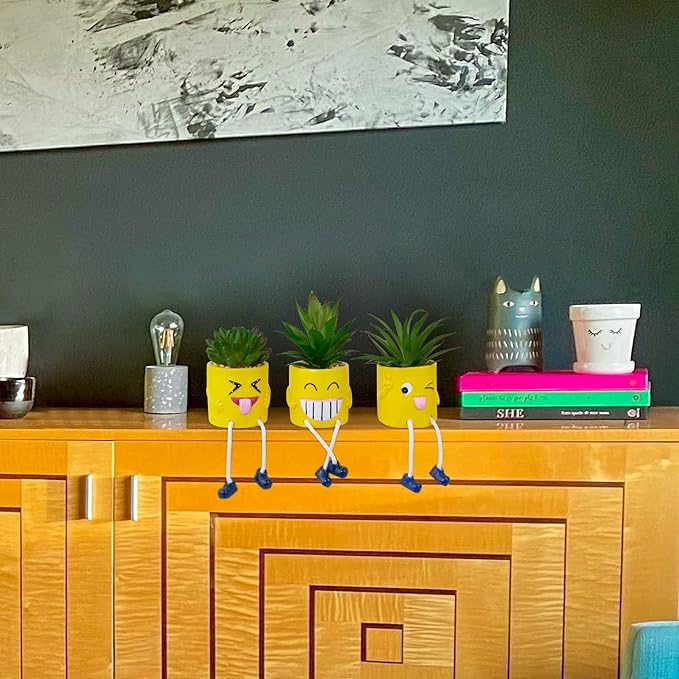 3Pcs Cute Fake Plants Small Potted Succulents with Yellow Pot, Creative Artificial Succulent Plants in Hanging Leg Fun Pot, Mini Vibrant Faux Plant for Home Office Desk Decor and Gift Choice