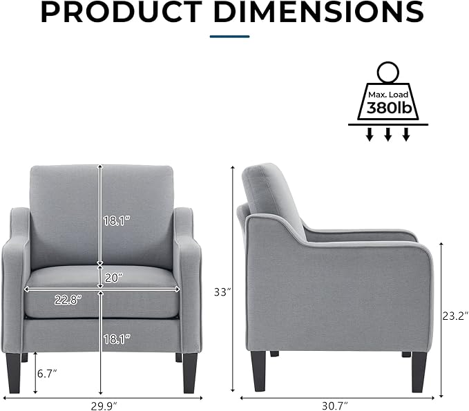 VINGLI Modern Accent Chairs Set of 2,Comfy Grey Armchair for Bedroom,Living Room Upholstered Sofa Chair Reading Chair for Small Spaces