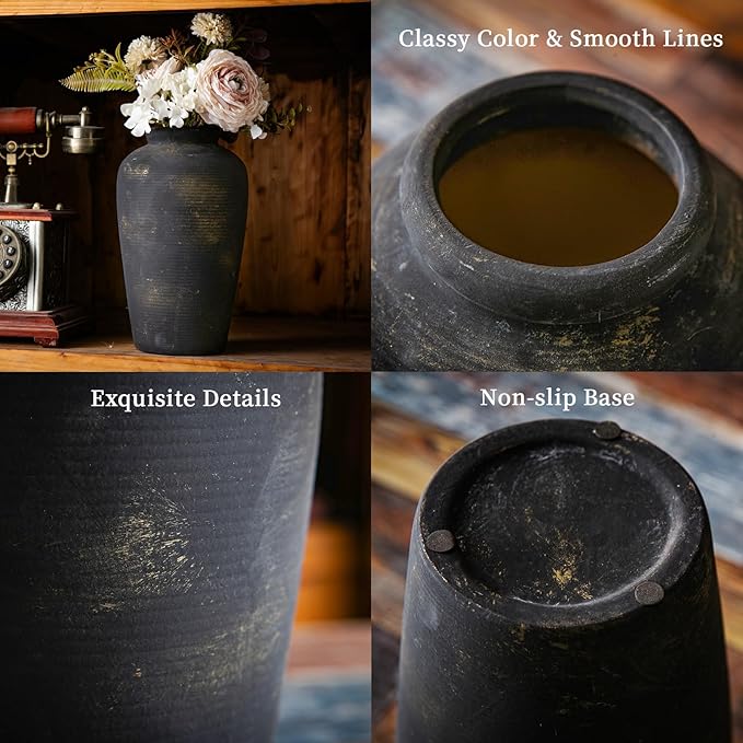 11 Inch Tall Large Ceramic Rustic Flower Vase for Home Office Decor, Boho Farmhouse Living Room Coffee Table Kitchen Bedroom Bathroom Wall Decor Aesthetic, Vintage House Shelf Decor -Bronze