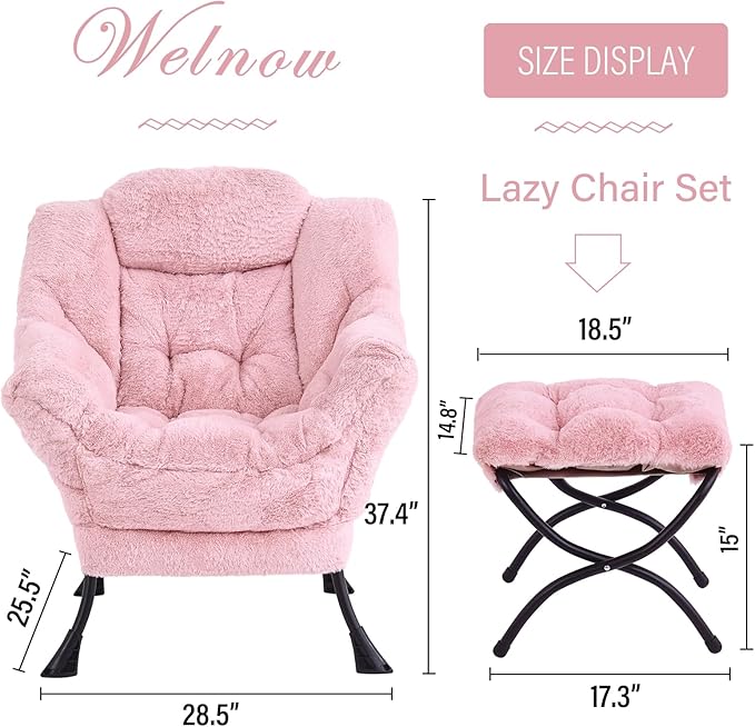 Welnow Lazy Chair with Ottoman, Modern Lounge Accent Chair with Armrests and a Side Pocket, Leisure Sofa Armchair Set, Reading Armchair with Footrest for Small Space, Plush Pink