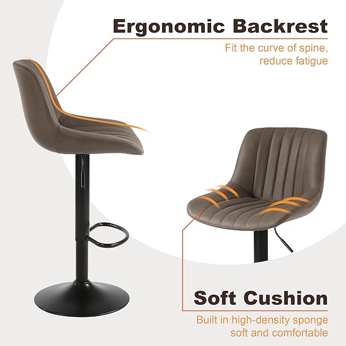 Bar Stools Set of 2, Swivel Counter Height Barstools with Back, Adjustable Faux PU Leather Bar Chairs, Modern Armless Kitchen Island Stool, Brown