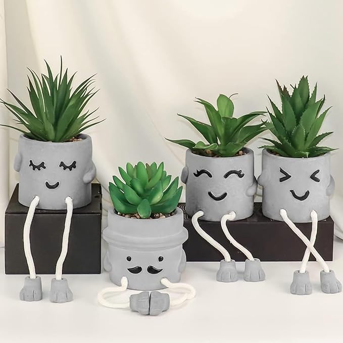 MAKHOT 4 Pcs Creative Artificial Succulent Plants with Cement Pot, Fake Small Plant for Desk Faux Succulents for Bathroom Decor, Mini Plants Succulent Cute Hanging Leg Potted for Office Shelf Decor