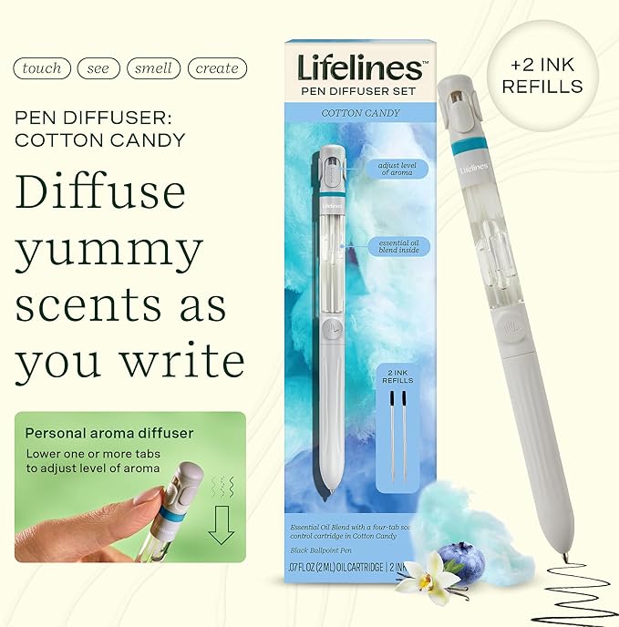 Lifelines Pen Diffuser Set, Cotton Candy - 1mm Black Ballpoint Pen with Scented Essential Oil Blend & 2 Ink Refills – Aromatherapy Diffuser & Sensory Immersion Diffuse Aroma As You Write