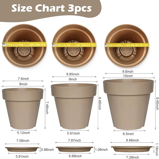 3-Pack 8/9/10 Inch Plastic Plant Pots with Saucers – Durable BPA-Free Planters with 21 Drainage Holes, Bottom Watering Design for Indoor & Outdoor Use, Succulents, Herbs, Flowers – Khaki