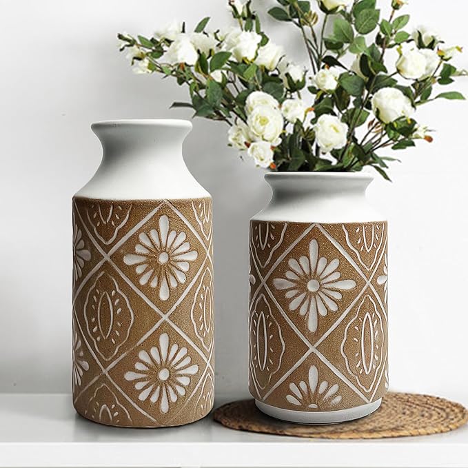Rustic Ceramic Vase Set of 2 for Living Room Bedroom 11.02'' and 9.05'' Large Unique Flower Vases for Home Decor Office Centerpieces Fireplace Vintage Antique Farmhouse Modern Gift for Plant