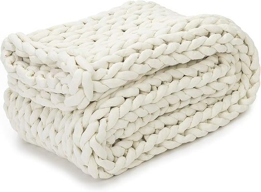 Nuzzie Chunky Knit Blanket - Breathable, Cooling, Hand Made Knit Throw Blanket for Sleep - Machine Washable, Stylish Decor Design (Cream, Full | 16lbs | 48"x72")