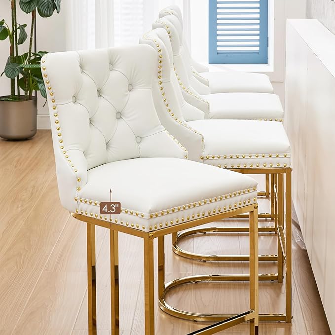 UVV Counter Height Bar Stools Set of 3, 26" Modern Barstools with Back, Faux Leather Upholstery Counter Chairs with Metal Legs for Kitchen Island, Bar, Counter, White