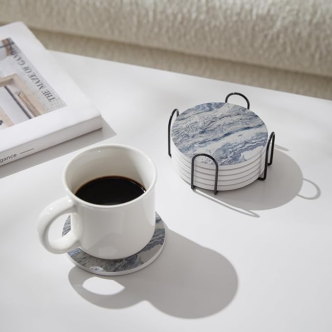 Set of 6 Navy Abstract Onyx Marble Coasters with Holder, Absorbent Ceramic Coasters for Drinks, Coasters with Cork Backing for Table Protection, Coffee Table Decor