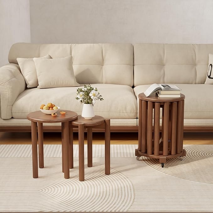 Stackable Stools Set of 4, Wooden Stool 18 Inch Stool Stackable Side Tables Nesting Table Sturdy and Durable, No Installation Required for End Table,Top Stackable Round Stools (Walnut Mobile)