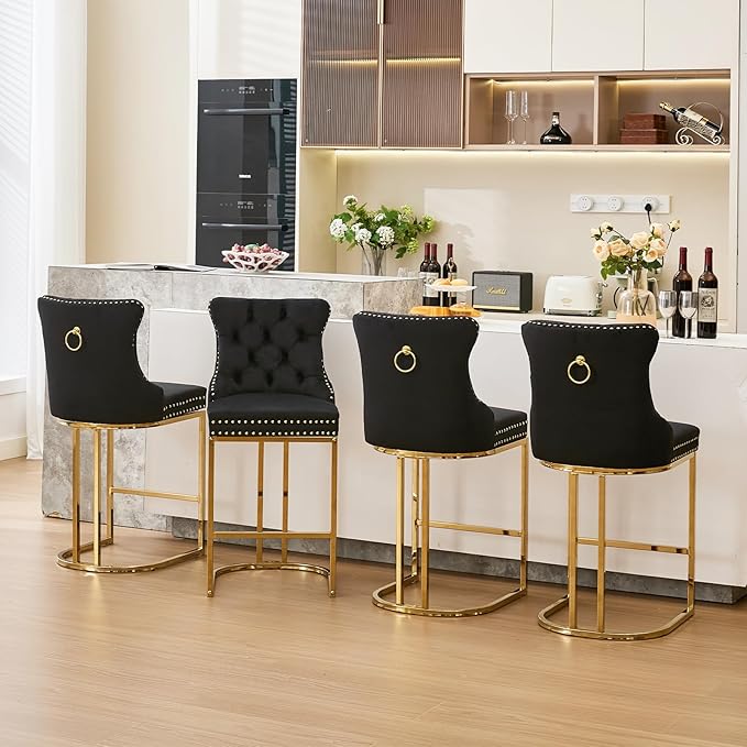 UVV Counter Height Bar Stools Set of 4, 26" Modern Barstools with Back, Velvet Upholstery Counter Chairs with Metal Legs for Kitchen Island, Bar, Counter, Black