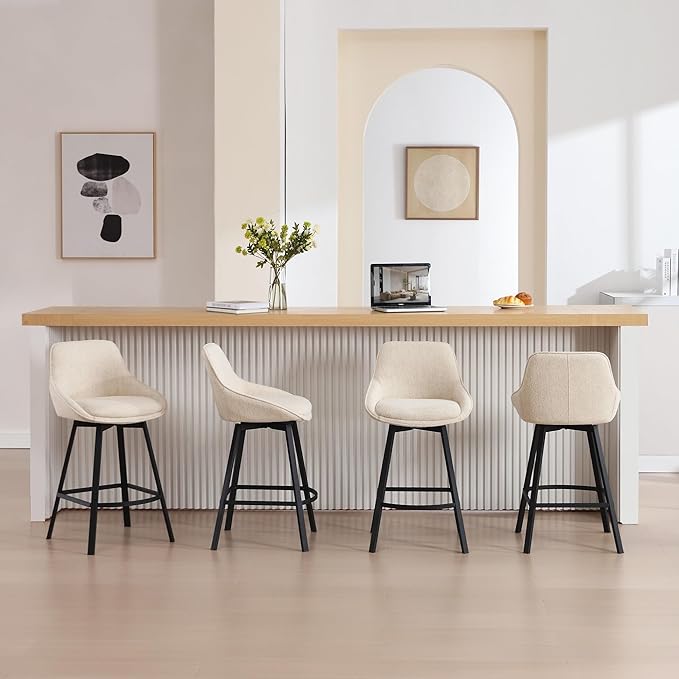 Zesthouse Swivel Counter Stools Set of 2, 26'' Modern Counter Height Barstools with Low Backs & Metal Legs, Upholstered Counter Height Barstools, Beige Linen Fabric Bar Stools for Kitchen Island