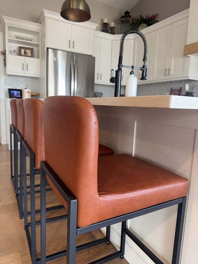 Sophia & William Brown Bar Stools Set of 3, Modern PU Leather Counter Height Barstools with Back, 24" Kitchen Island Bar Chairs