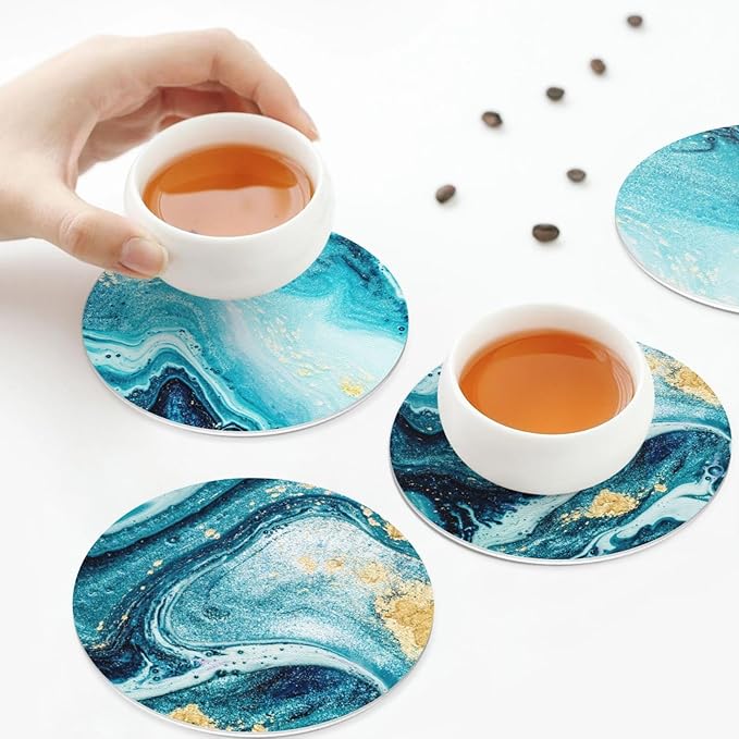 Ocean Gold Blue Marble Coasters Set of 6 Coasters for Drinks Absorbent Double-Sided Leather PVC Coaster for Tabletop Protection Coffee Table Decor Ideal for Home Decor House Warming Gifts