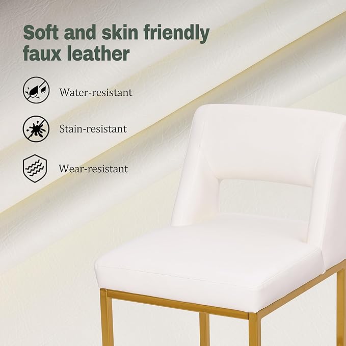 White and Gold Counter Height Bar Stools Set of 6 for Kitchen Counter Modern Bar Chairs with Backs for Kitchen Island with Upholstered Faux Leather Seat and Metal Frame, 26 Inch