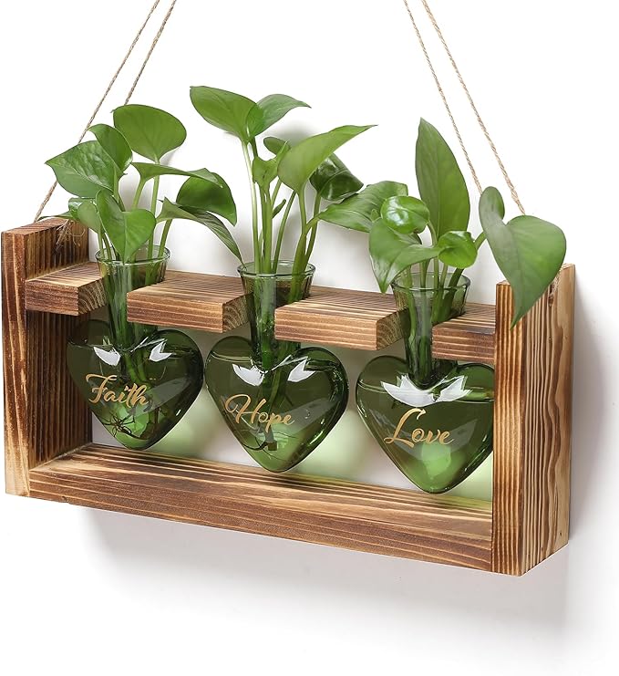 Plant Terrarium Propagation Stations Faith Hope Love Hydroponics Home Garden Decoration Gift for Women with Wooden Stand Heart Shaped Colored Glass Vase