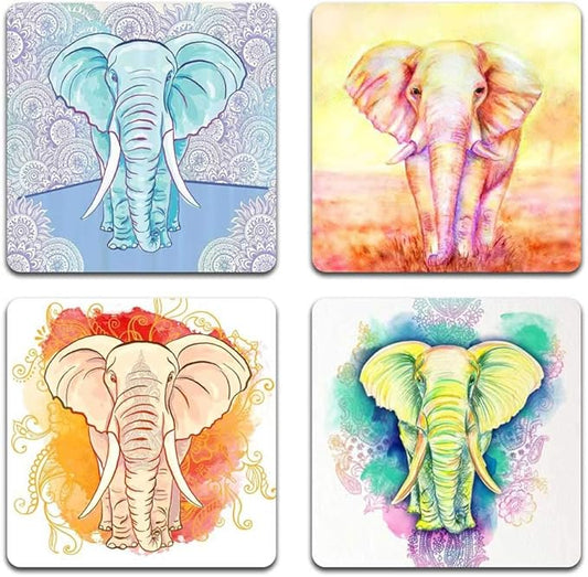 Watercolor Elephant Square Coaster Set - Made of Recycled Rubber - Set of 4