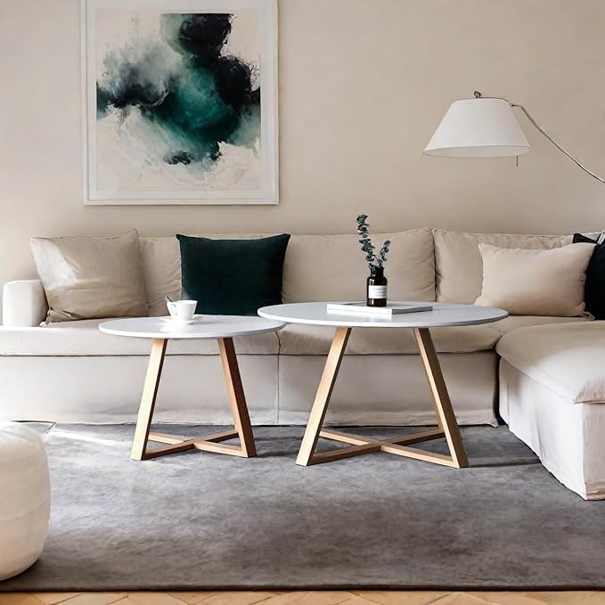 2Pcs Mid-Century Coffee Table Round, Easy Assembly Minimalist Nesting Table Set of2, Natural Wood Tea Table for Livingroom, Office,Balcony,Yard.Separately Use as Side Table Center Table