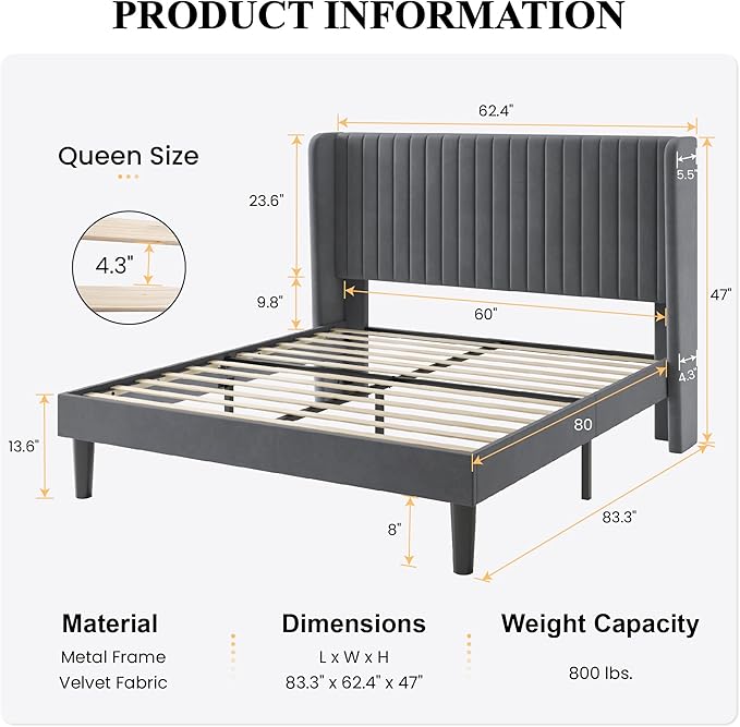 SHA CERLIN Queen Size Velvet Bed Frame with Vertical Channel Tufted Wingback Headboard, Upholstered Platform Bed with Wood Slats, No Box Spring Needed, Easy Assembly, Grey