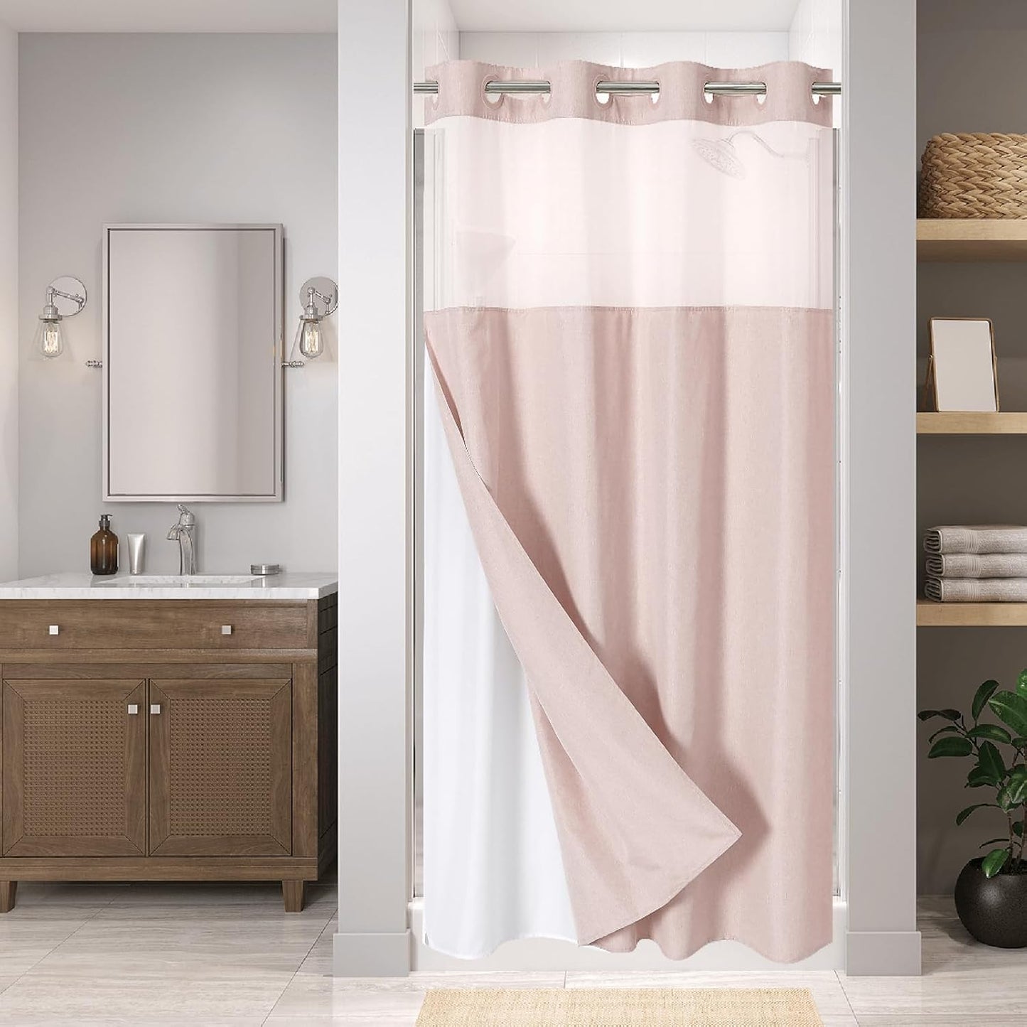 Stall No Hooks Needed Linen Textured Shower Curtain with Snap-in Fabric Liner Set,Hotel Luxury Decor Farmhouse Shower Curtains for Bathroom,Waterproof & Washable,54Wx80H,Blush
