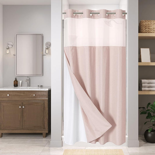 Stall No Hooks Needed Linen Textured Shower Curtain with Snap-in Fabric Liner Set,Hotel Luxury Decor Farmhouse Shower Curtains for Bathroom,Waterproof & Washable,54Wx80H,Blush