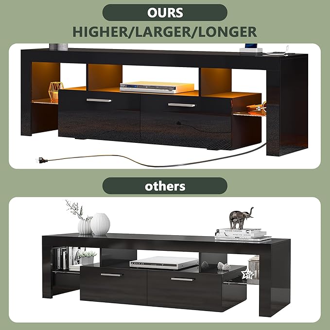 Clikuutory Modern LED Black 67 inch TV Stand with Power Outlet and Large Storage for 40 50 55 60 65 70 75 Inch TVs, Wood TV Console with High Glossy Entertainment Center for Living Room, Bedroom