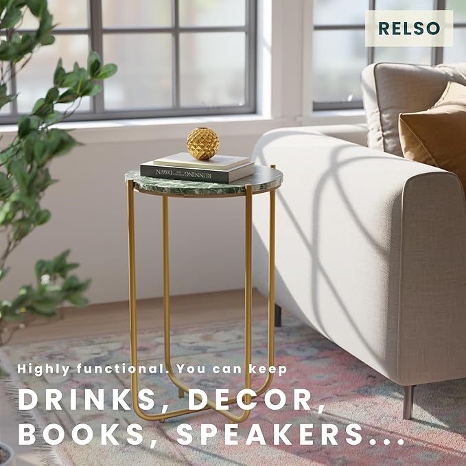 Relso Urdhva End Table – 24" Tall Round Side Table with Real Green Marble Top & Gold Metal Frame | Luxury Accent Table or Plant Stand for Living Rooms, Modern Homes, & Small Spaces