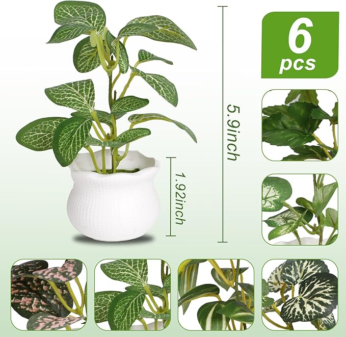 Small Artificial Plant 6PCS Fake Plant Greenery Cute Potted Indoor Faux Plant Houes Office Table Desk Bathroom Decor Plants