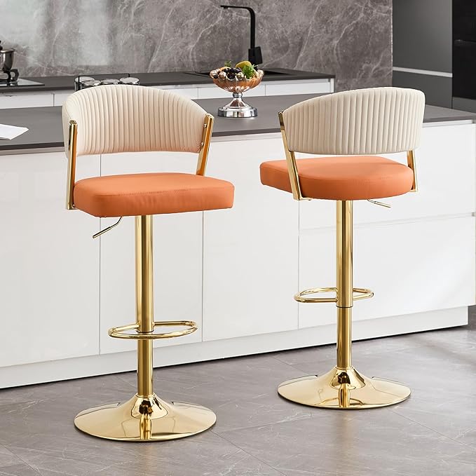Bar Stools Set of 2, Adjustable Swivel Counter Height Bar Stools with Back and Footrest, PU Leather Bar Chairs for Kitchen Dining Room, Orange