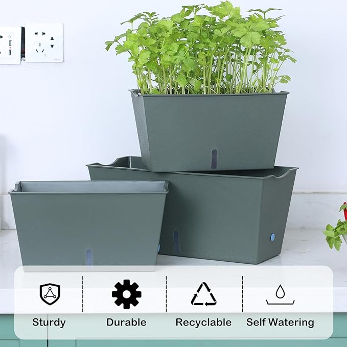 Window Box Planter 6 Pcs, 12.6 Inches Self Watering Rectangle Flower Plant Pots with Drainage Holes & Breathable Trays, Vegetable Planters for Windowsill Patio Garden Balcony Porch Yard (Dark Green)