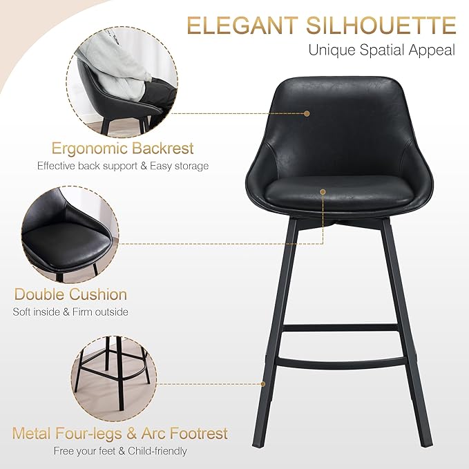 Zesthouse Swivel Counter Height Stools Set of 3, Modern Upholstered Barstools with Backs, 26'' Faux Leather High Chairs for Island Kitchen, Counter Height Chairs with Metal Legs, Black