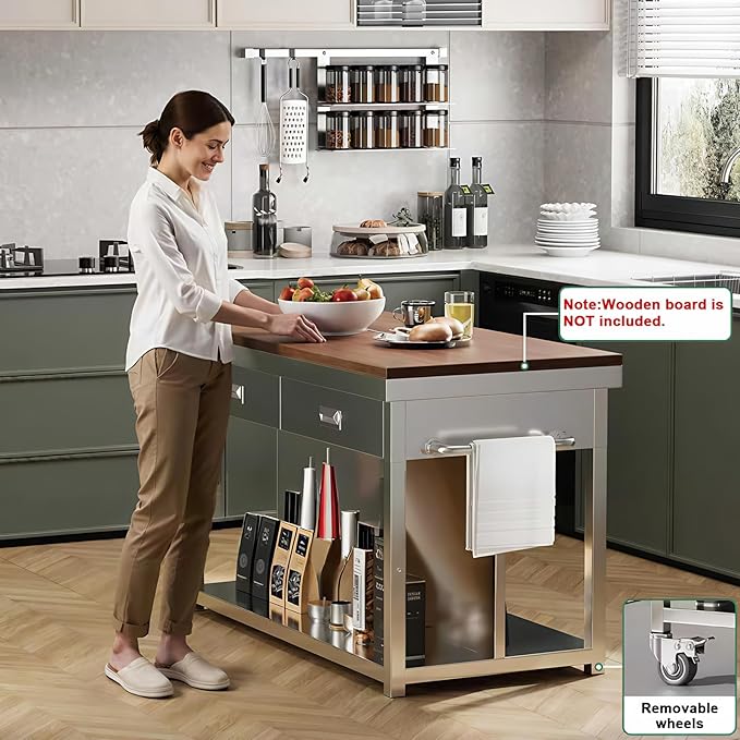 Stainless Steel Kitchen Island with Storage, Rolling Kitchen Island Cart on Wheels, Industrial Kitchen Cart with 2 Drawers, Portable Island for Commercial Kitchen, Bar, Outdoor Patio, 25 x 50 x 37 in